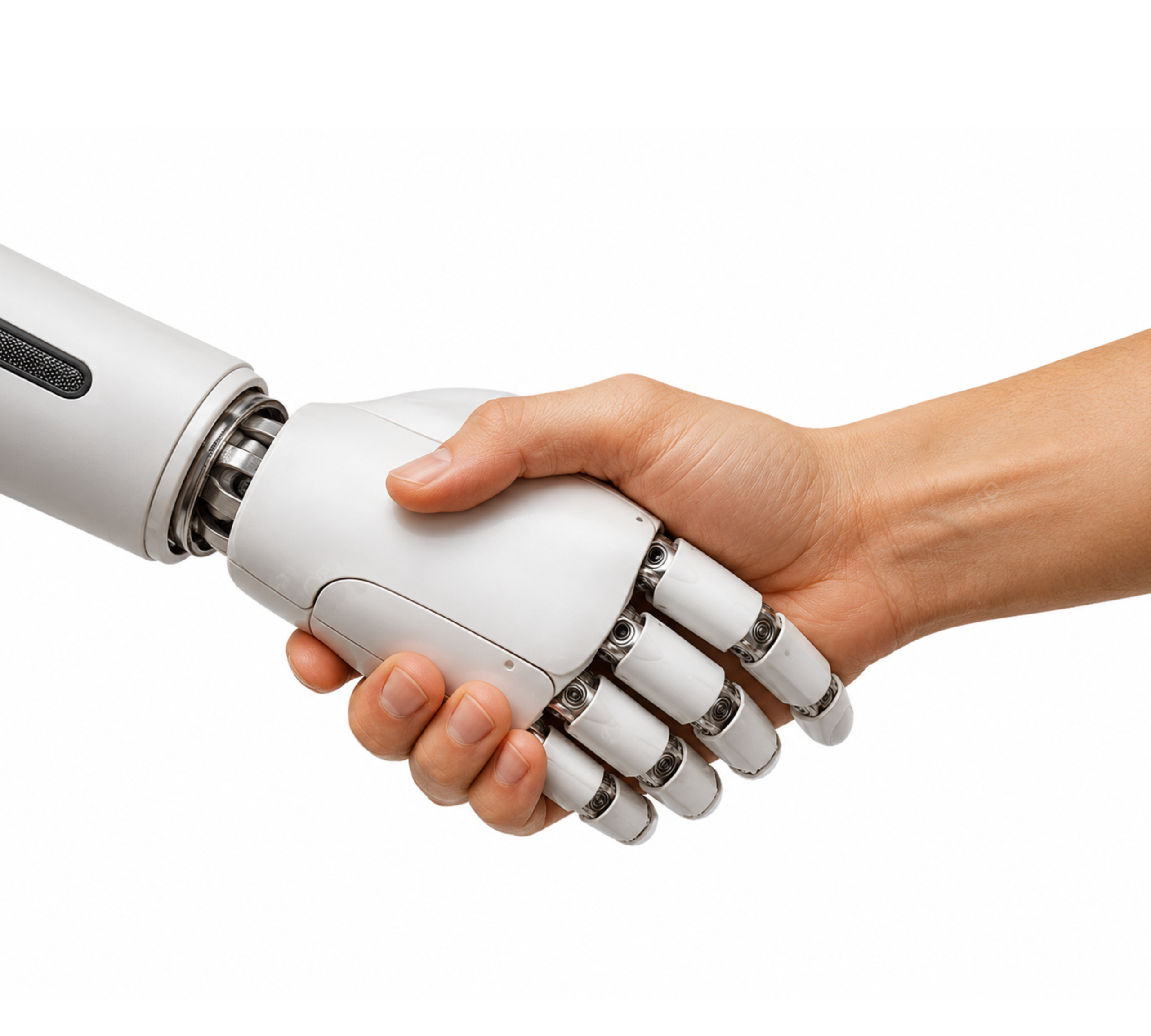 Mano humana estrechando la mano de un robot blanco sobre fondo claro